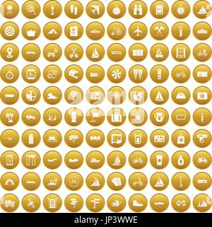 100 voyage icons set gold Stock Vector