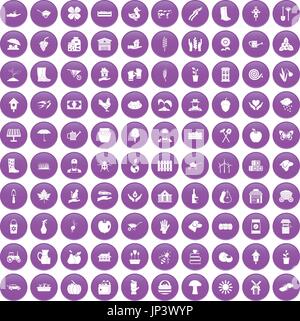 100 farm icons set purple Stock Vector