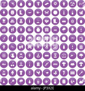 100 farming icons set purple Stock Vector