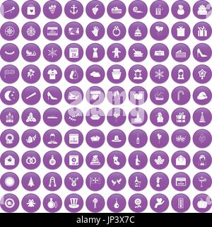 100 festive day icons set purple Stock Vector