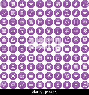 100 finance icons set purple Stock Vector
