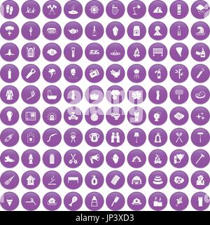 100 fire icons set purple Stock Vector