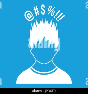 Man with different signs over his head icon white Stock Vector