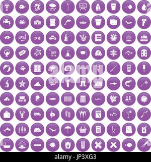 100 fish icons set purple Stock Vector