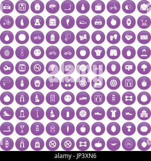 100 fitness icons set purple Stock Vector