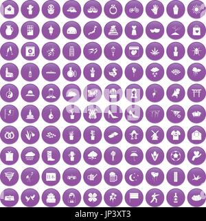 100 flowers icons set purple Stock Vector