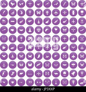 100 fly icons set purple Stock Vector