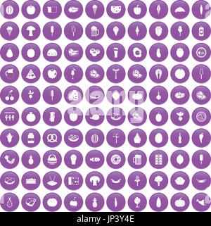100 food icons set purple Stock Vector