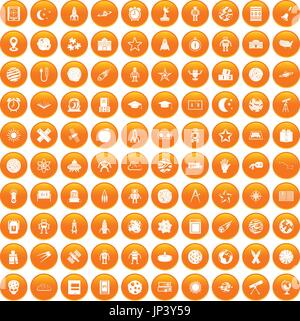 100 astronomy icons set orange Stock Vector