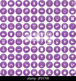 100 forest icons set purple Stock Vector