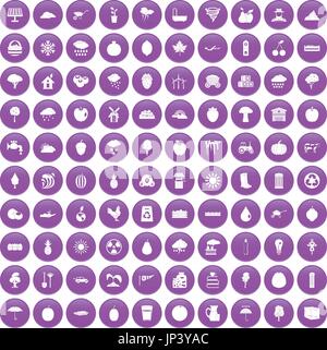 100 fruit icons set purple Stock Vector