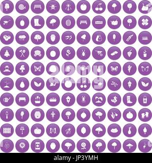 100 gardening icons set purple Stock Vector