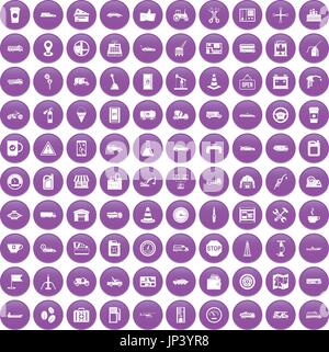 100 gas station icons set purple Stock Vector