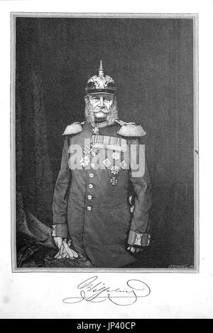 William I. or in German Wilhelm I., William Frederick Louis of Hohenzollern, 22 March 1797 - 9 March 1888, was King of Prussia and German Emperor , digital improved reproduction of a woodcut publication from the year 1888 Stock Photo