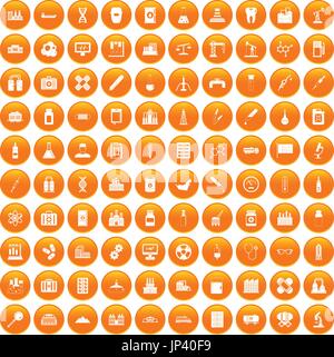 100 chemical industry icons set orange Stock Vector