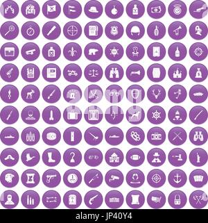 100 guns icons set purple Stock Vector
