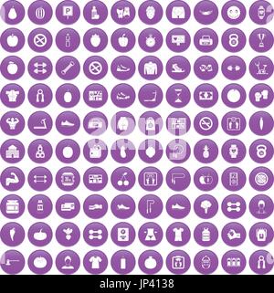100 gym icons set purple Stock Vector