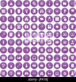 100 hacking icons set purple Stock Vector