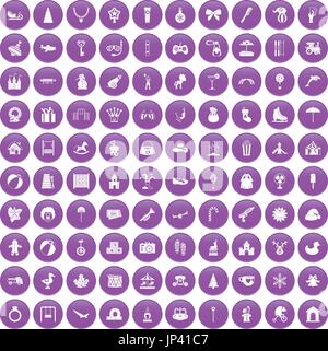 100 happy childhood icons set purple Stock Vector