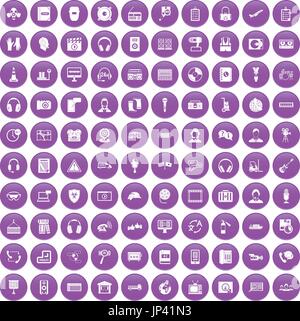 100 headphones icons set purple Stock Vector