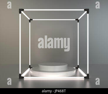 Glowing showcase with round white podium on gray background with reflection. 3d rendering Stock Photo