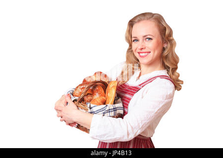 Portrait of cute smiling woman with pastries in her hands in the studio, isolated on white background Stock Photo