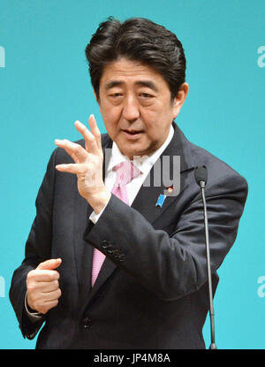 SHIMONOSEKI, Japan - Japanese Prime Minister Shinzo Abe gestures during a speech in Shimonoseki, Yamaguchi Prefecture, western Japan, on July 19, 2014. Abe expressed his hope to continue dialogue with Russian President Vladimir Putin despite criticism toward Russia over a recent Malaysian plane crash in Ukraine. (Kyodo)