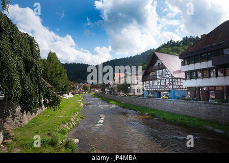 View along the Kinzig river in Schiltach Stock Photo