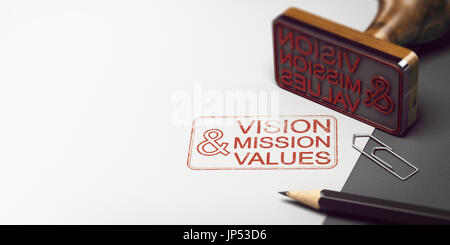 Rubber stamp with other office supplies and the text vision mission and values on a sheet of paper. Company Statement Concept. 3D illustration Stock Photo