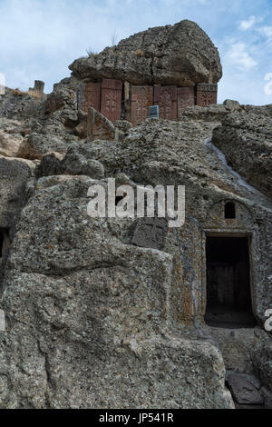 4th century Geghard Monastery, Khachkar cross stones, Kotayk Province, Yerevan, Armenia, Caucasus, Asia, Unesco World Heritage Site Stock Photo