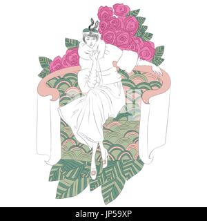 Beautiful fashion woman with flowers in retro style. Coloring book. Vector illustration. Stock Vector