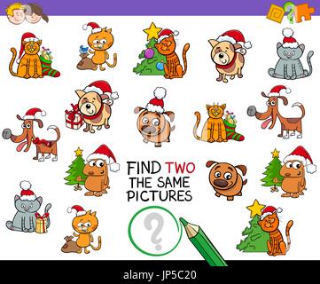 Cartoon Illustration of Finding Two Identical Pictures Educational Game for Children with Christmas Animals Stock Vector