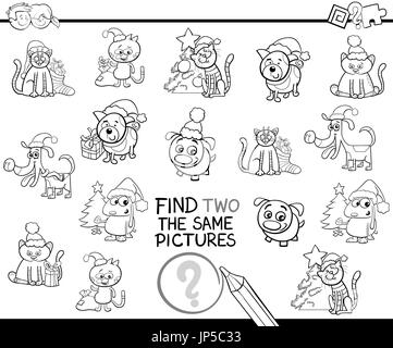 Black and White Cartoon Illustration of Finding Two Identical Pictures Educational Game for Children with Christmas Animals Coloring Page Stock Vector