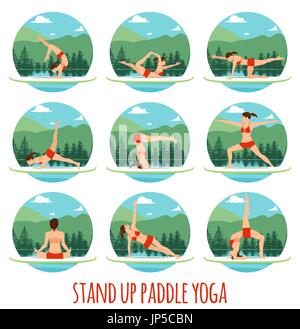 Woman doing Stand Up Paddling Yoga on Paddle Board on Water at lake Mountain landscape Stand Up Paddle Yoga Workout Stock Vector