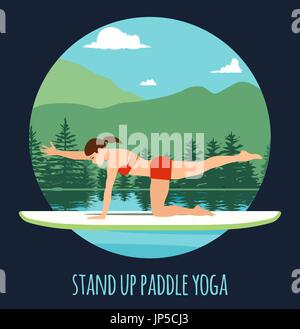 Woman doing Stand Up Paddling Yoga on Paddle Board on Water at lake Mountain landscape Stand Up Paddle Yoga Workout Stock Vector