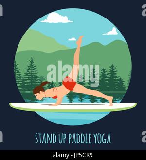 Woman doing Stand Up Paddling Yoga on Paddle Board on Water at lake Mountain landscape Stand Up Paddle Yoga Workout Stock Vector