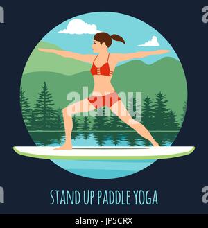 Woman doing Stand Up Paddling Yoga on Paddle Board on Water at lake Mountain landscape Stand Up Paddle Yoga Workout Stock Vector
