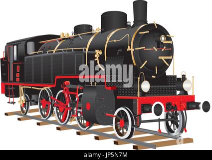 A Vintage Black and Red Ten Wheeled Steam Railway Freight Locomotive with brass fittings isolated on white Stock Vector