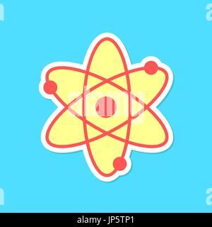 atom sticker with shadow isolated on blue background Stock Vector