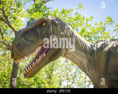 A life-sized model replica of a fearsome Tyrannosaurus rex at Prehistoric Park Calgary Zoo, Calgary, Alberta, Canada. Stock Photo