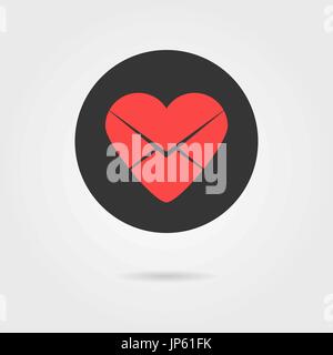 red heart in black circle like love letter icon with shadow Stock Vector