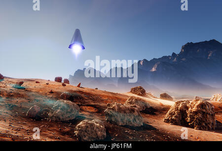 Spaceship landing on Mars, many meteorite rocks, 3d illustration Stock Photo