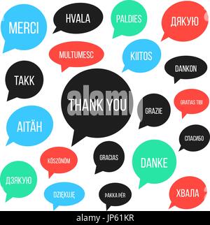 white thank you lettering in different languages in colored spee Stock Vector