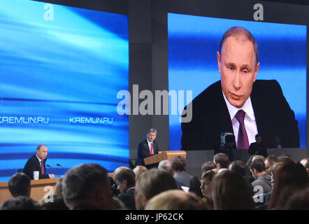 MOSCOW, Russia - Russian President Vladimir Putin holds an annual year-end news conference before over 1,200 journalists in Moscow, Russia, on Dec. 18, 2014. (Kyodo)