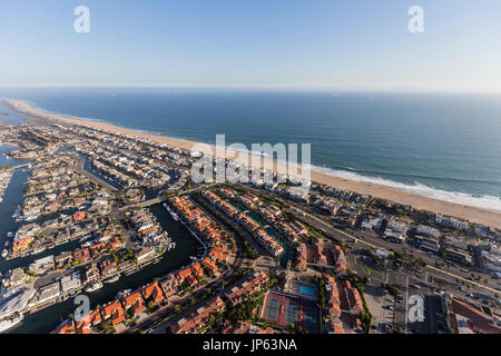 Aerial of Sunset Beach waterfront neighborhood in Orange County, California. Stock Photo