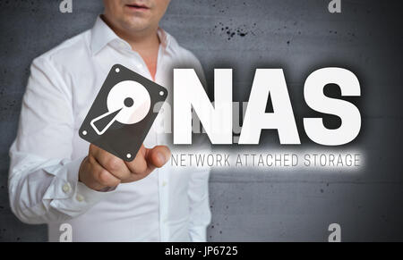 NAS touchscreen is operated by man. Stock Photo