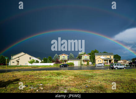 Rainbow over the small mountain town of Salida, Colorado, USA Stock Photo