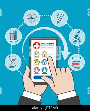 Smartphone remote medical care vector illustration. People mobile phone healthcare and medical consultation. Doctors on device screen Stock Vector