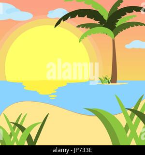 Summer background, of beach at sunset with waves, clouds and palm tree on the horizont. seaside view poster. vector illustration. Flat design Stock Vector