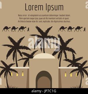 Arabian house, palm tree, camels backround, vector illustration Stock Vector